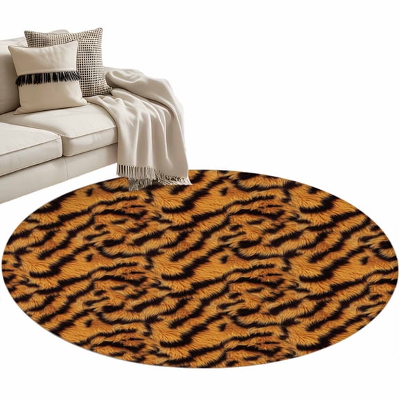 Black Orange Round Area Rug 4ft, Vintage Abstract Tiger Stripes Fur Patterned Washable Non-Slip Circle Rugs for Bedroom Living Room Kitchen, Soft Non Shedding Circle Carpet for Dining Room Dorm