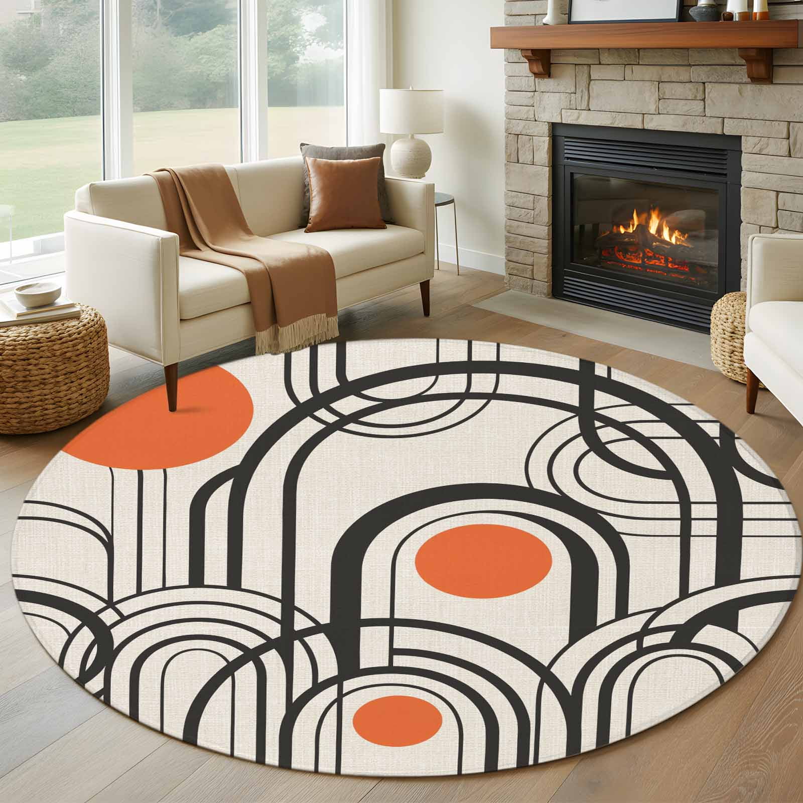 Round Arch Rug Black Orange Round Living Room Rugs 6 ft, Abstract Line Boho Minimalist ...