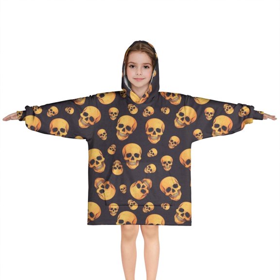 Black Orange Skull Pattern Blanket Hoodies for Kids 6-13YR Oversize Wearable Blanket Hoodies for Boys Girls Teens