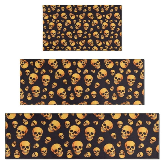 Black Orange Skull Pattern Kitchen Rugs Sets Of 3,Kitchen Runner Rugs Non Skid Washable,Decorative Kitchen Floor Mats for Kitchen,Sink,Laundry,17"x30"+ 17"x47" + 17"x59"