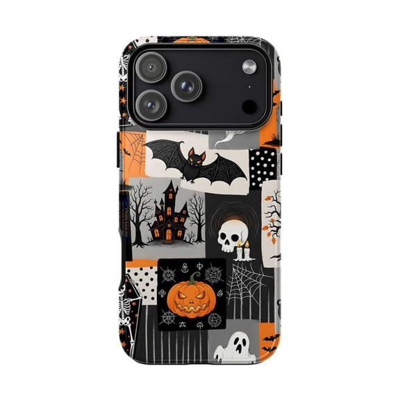 Black & Orange Spooky Collage Phone Cover, Modern Halloween Quilt Phone Cover for iPhone 17 16 15 14 13 12 11 Series