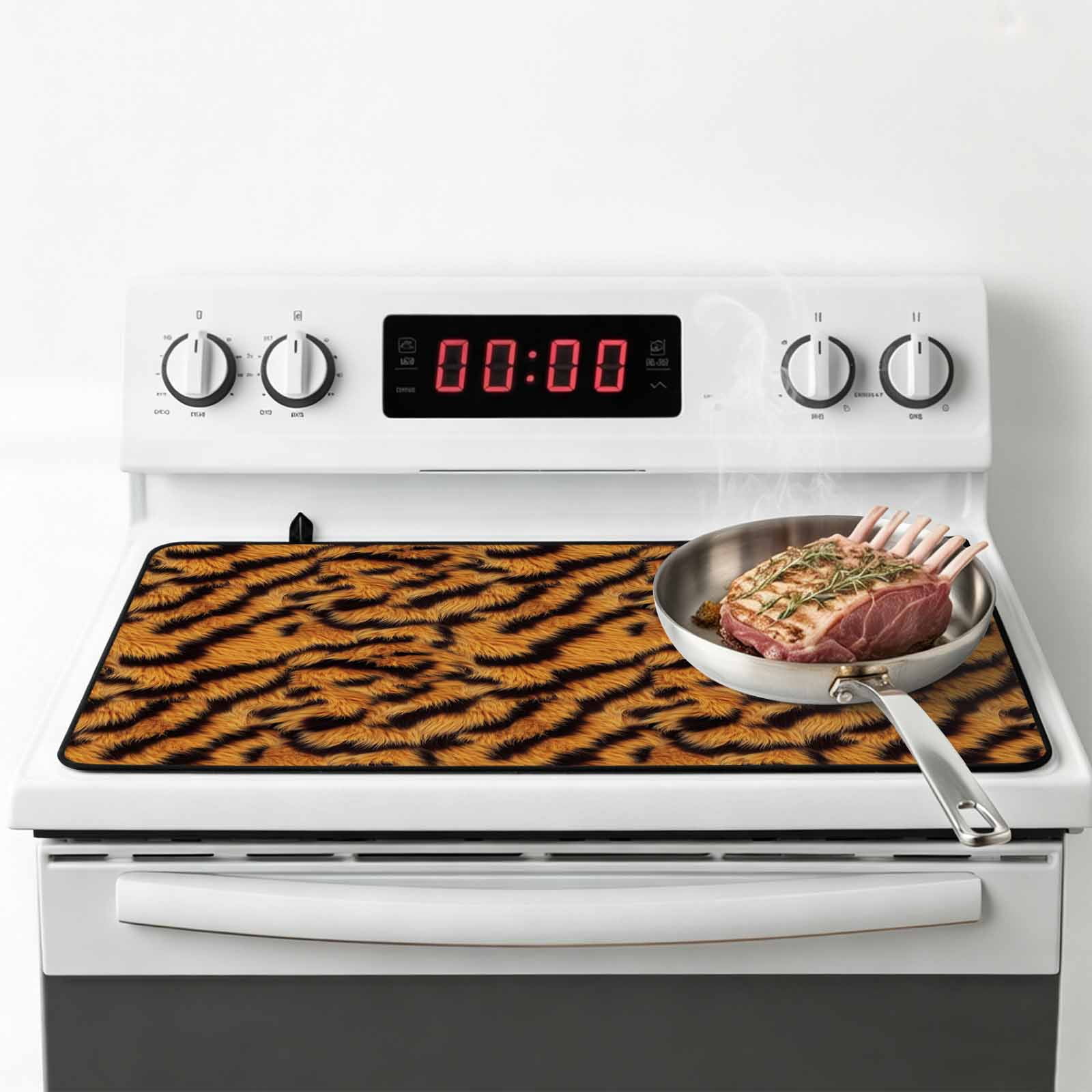 Black Orange Stove Top Cover for Electric Stove, Heat-proof & Non Slip Glass Top Stove Cover Protector, Vintage Abstract Tiger Stripes Fur Patterned Kitchen Flat Cooktop Rubber Mat 24x21 Inches