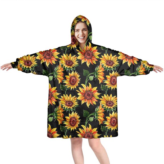 Black Orange Sunflower Pattern Wearable Oversized Blanket,Wearable Blanket Hoodie for Adults,Cozy Hooded Blankets with Super Pockets,Super Warm Fuzzy Pullover for Women & Men