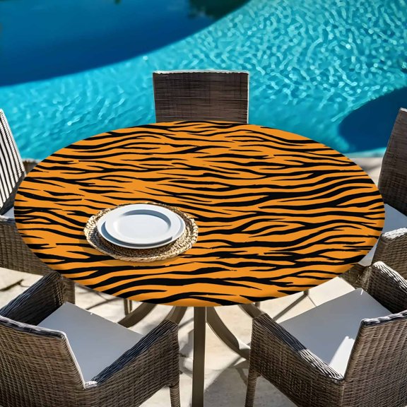 Black Orange Tiger Wildlife Fur Round Fitted Tablecloth with Elastic Edge,Waterproof Table Cloth Fits Tables Up to 45"-54",Washable Table Cover for Indoor Outdoor Dinning Party,Animal Print Texture