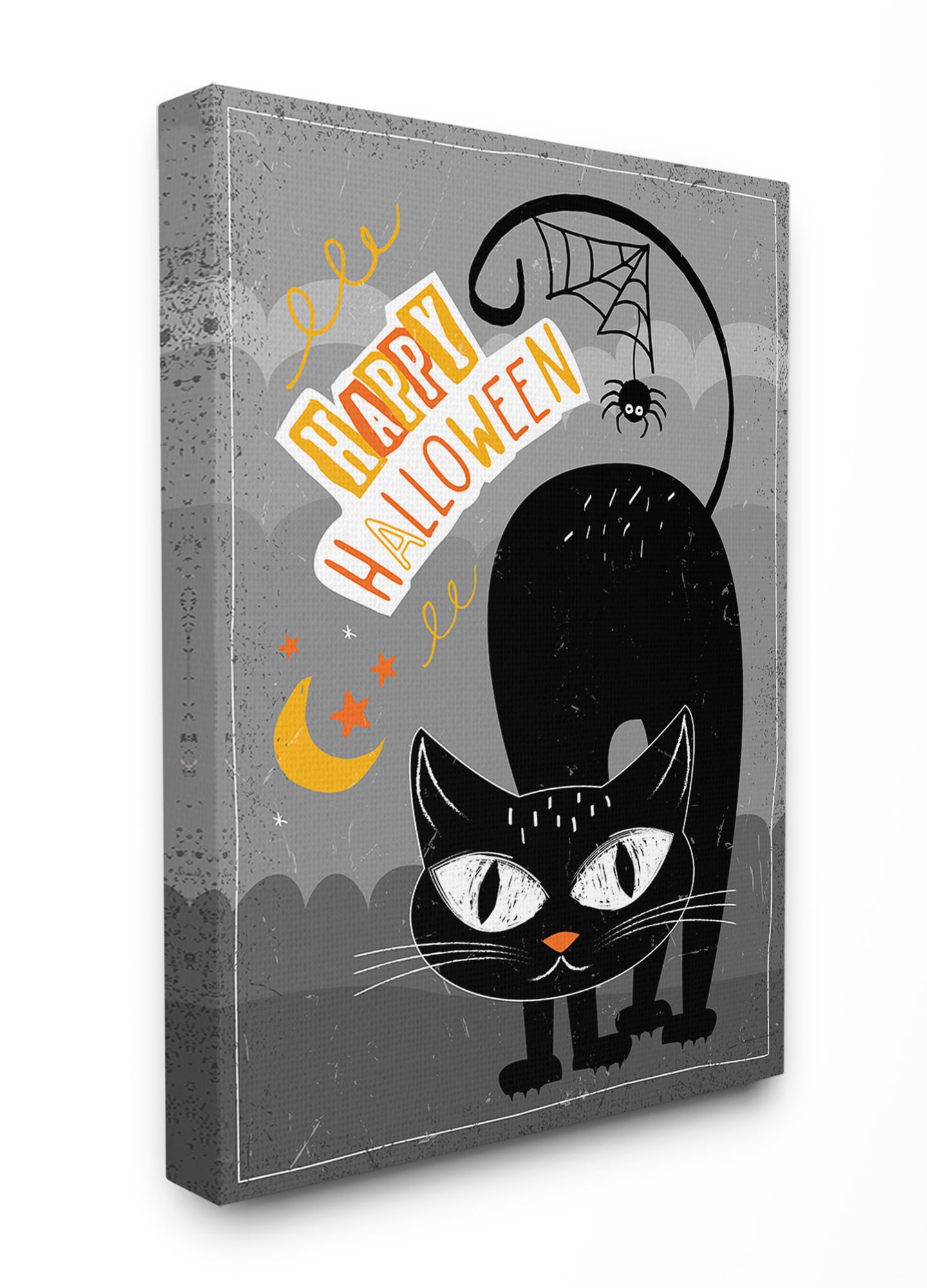 Black Orange and Grey Happy Halloween Black Cat with Spider Web