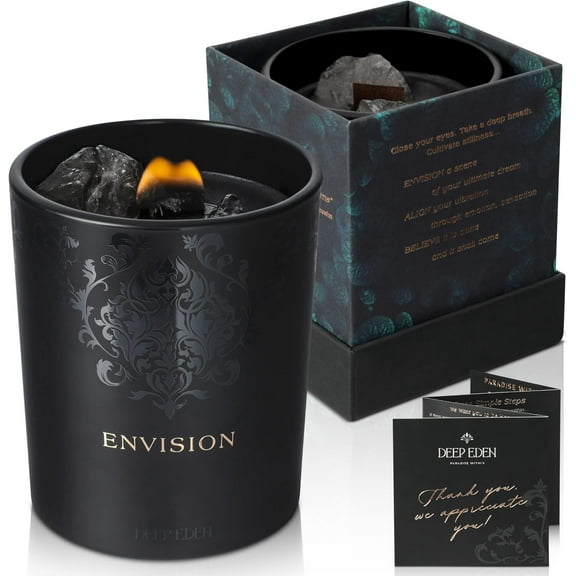 Black Orchid & Pine Moss Scented Crystal Candle - Luxury Manifestation Candle with Smoky Quartz and Clear Quartz Crystals - 7.4oz Natural Soy, Coconut & Beeswax, Wood Wick