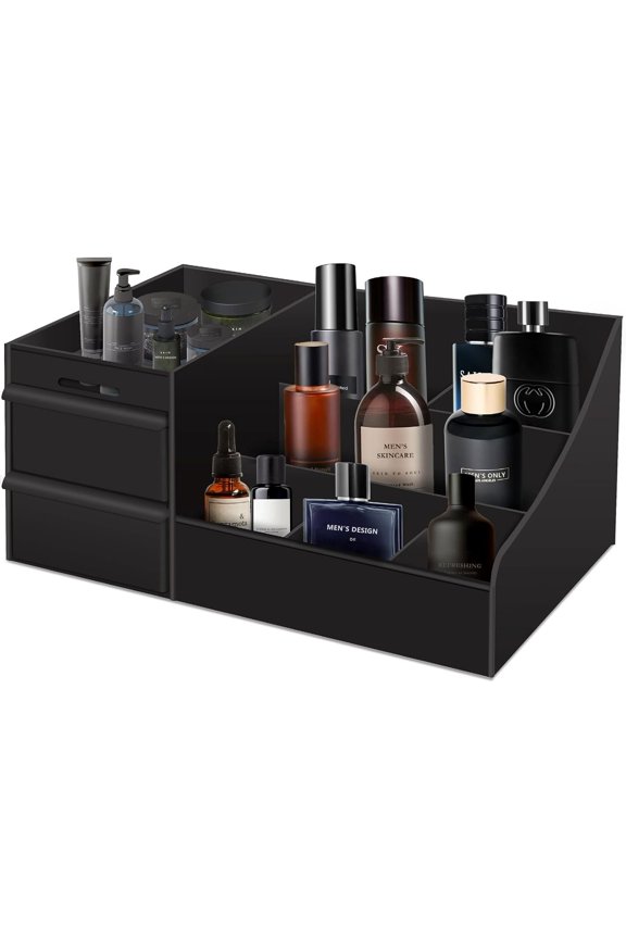 Black Organizer with Drawers - Large Mens Countertop Storage Box for Cologne, Skincare, Makeup, Perfume - Dresser Organizer for Bathroom, Bedroom, Desk
