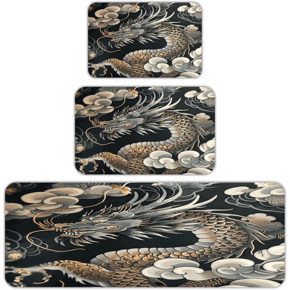 Black Oriental Dragon Kitchen Rugs Sets of 3 Washable Kitchen Mats for Floor Non Slip Soft Kitchen Area Rug Anti Fatigue Kitchen Mats Farmhouse Kitchen Rugs for Laundry Desk Office