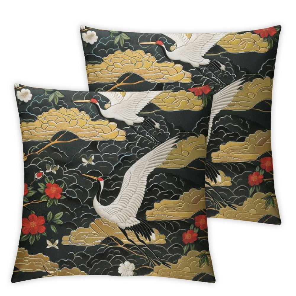 Black Oriental Throw Pillow Covers Set of 2 Decorative Birds Crane