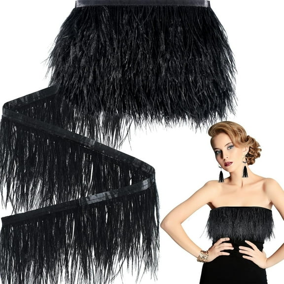 Black Ostrich Feathers Trim,78.7Inx3.15-4.3In Wide Ostrich Feathers Sewing Fringe Trim Ribbon for Latin,Masquerade Decoration