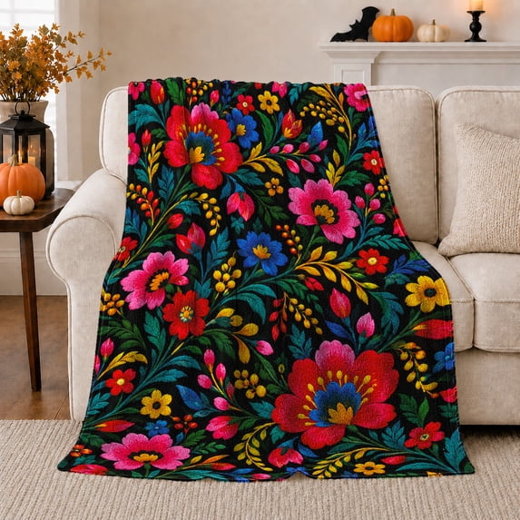 Black Otomi Floral Folk Art Pumpkin Porch, Festive Botanical Garden Scene, Warm Flannel Blanket for Sunroom and Reading Nook, Garden Lovers Thanksgiving Gift, Botanical Home Decor