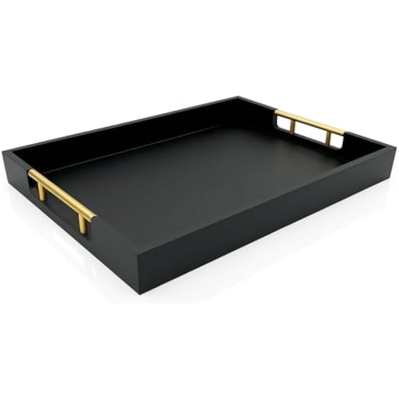 Black Ottoman Tray with Gold Handles, Large Wood Serving Tray, Decorative Table Serving Platter for Drinks, Snacks, Candles, Sofa, Bed, Coffee Table, 15.7 x 11.9 x 2"