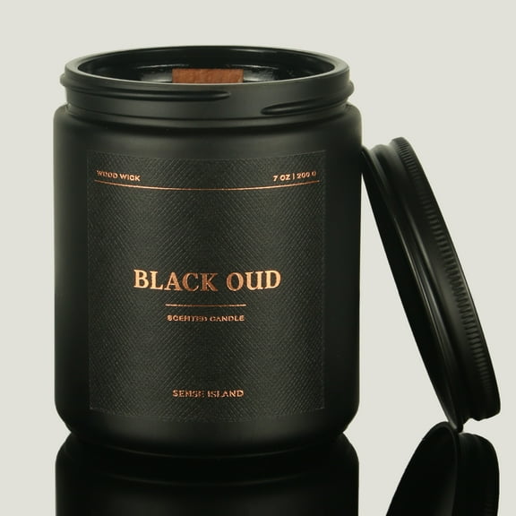 Black Oud Crackling Wood Wick Candle for Men, Intense Masculine Scent, 100% Soy, 50-Hour Burn, Luxury Black Jar with Gold Text Strong Scented Candle with Crackle Wooden Wick for Home, Office, Gifts