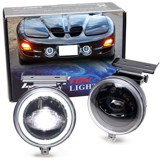 Black-Out Dark Tinted 2-In-1 Xenon White 24W High Power LED Projector Fog Lights w/ Halo Ring DRL, For Pontiac 1998-2002 irebird Base, Formula, Trans AM
