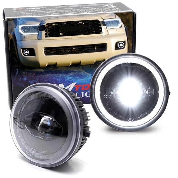 Black-Out Dark Tinted 2-in-1 Xenon White 24W High Power LED Projector Fog Lights w/Halo Ring DRL, For Toyota Tacoma Tundra Sequoia Solara
