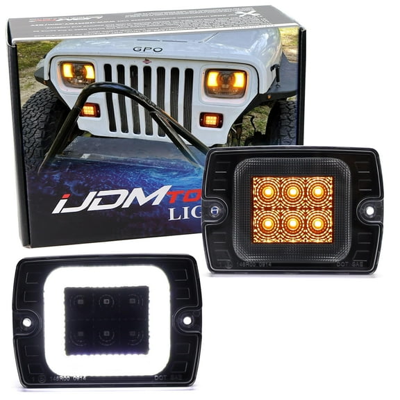 Black-Out Interior Clear Lens White LED Driving Light/Amber Switchback Sequential Blink LED Front Turn Signal Light Assembly, For Jeep 1987-1995 Wrangler YJ