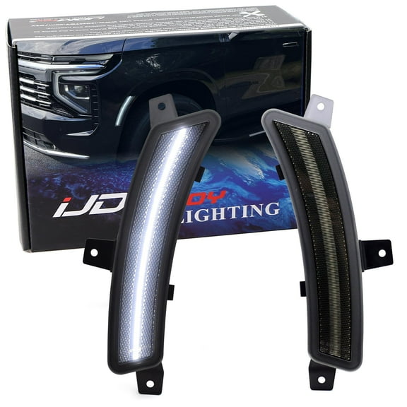 Black-Out Smoked Lens 45-SMD White Full LED Front Side Marker Light Kit For 2025-up Cadillac Escalade, Chevy Suburban/Tahoe, GMC Yukon, Replace OEM Single-LED Amber Sidemarkers