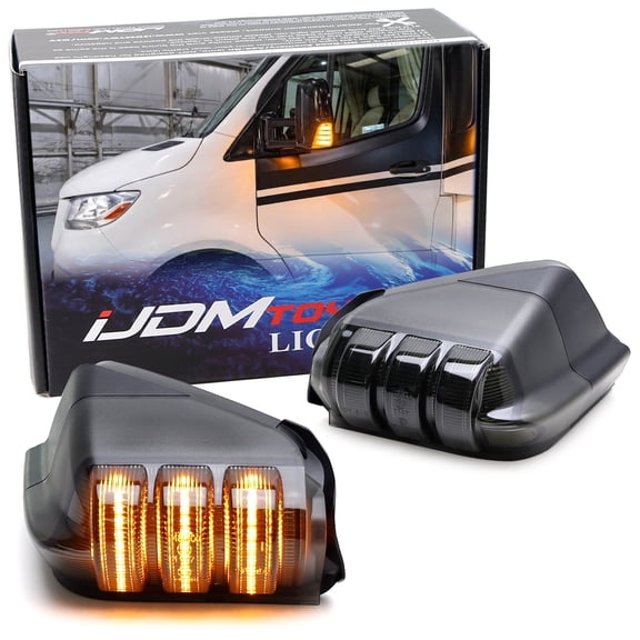 Black-Out Smoked Lens Amber 3-Row Full LED Sequential Blink Side Mirror Turn Signal Indicator Light Assembly Kit For Mercedes 2006-2021 W906 Sprinter, Dodge Sprinter, VW Crafter