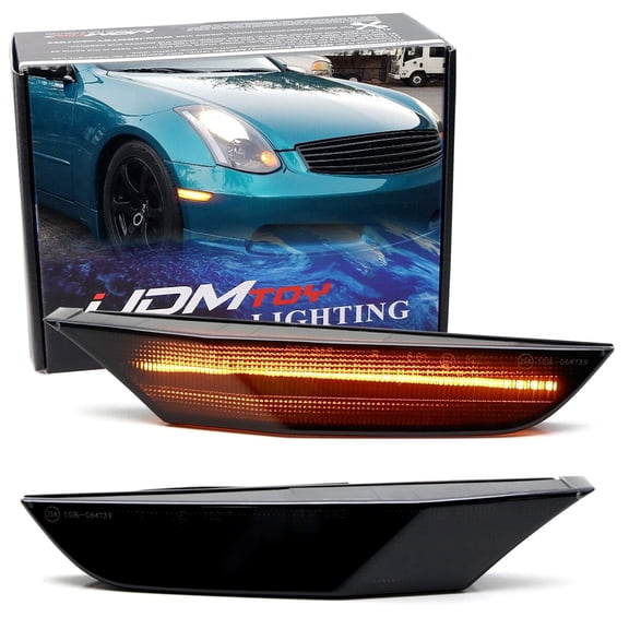 Black-Out Smoked Lens Amber Full LED Front Fender Side Marker Light Assembly Kit For 2003-2006 Infiniti G35 Sedan, Replace OEM Amber Sidemarkers