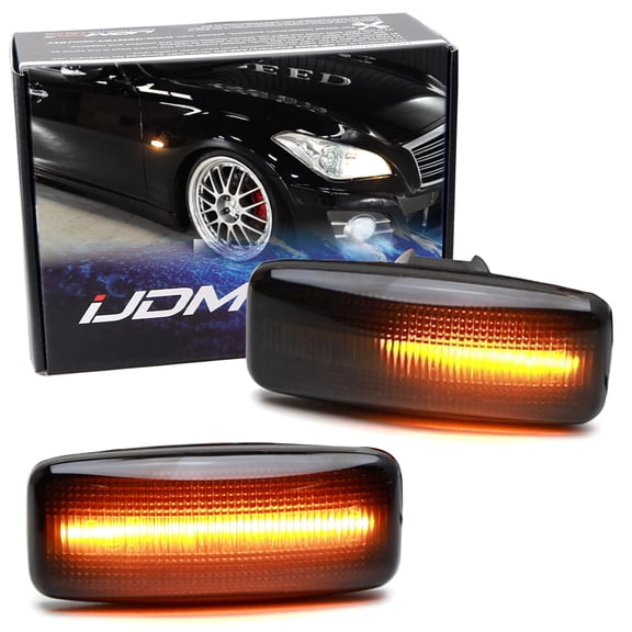 Black-Out Smoked Lens Amber Sequential Blink LED Fender Side Marker Turn Signal Lights For Infiniti 2006-2007 M35 M45, Powered by 20-SMD LED w/Dynamic Blinking