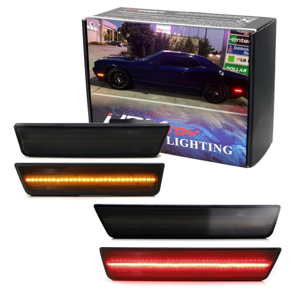 Black-Out Smoked Lens with Full LED Strip Built-In Side Marker Light Kit For 2008-2014 Dodge Challenger, Includes (2) Front Amber LED & (2) Rear Red LED