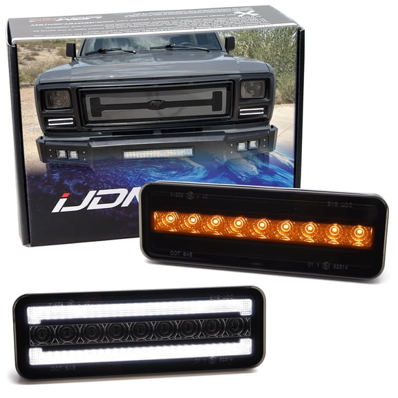 Black-Out Smoked Lens White LED Driving Light/Amber Sequential Blink LED Front Turn Signal Light Assembly, For Ford 1980-86 Bronco, 1980-83 F100, 1980-86 F150 F250 F350