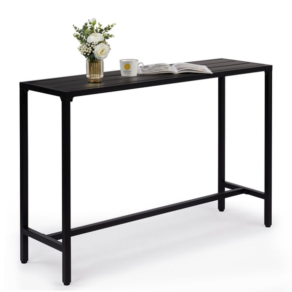Black Outdoor Bar Table with Adjustable Leveling Feet, Rectangular Narrow Counter Height Patio Table, Weatherproof Metal Bar Height Table for Balcony, Garden, Yard and Poolside