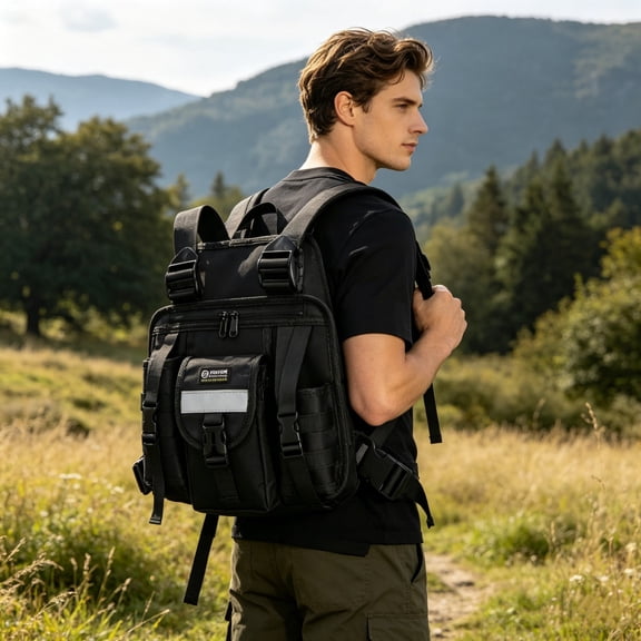 Black Outdoor Chest Backpack Multifunctional Double Shoulder Bag with External Expansion for Hiking Cycling Hunting