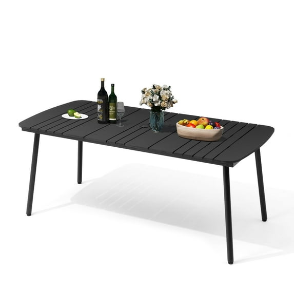 Cloud Fly 70" Outdoor Dining Table with Umbrella Hole Black Rectangle Patio Dining Table for 4-6 Table with Aluminum Frame and WPC Tabletop for Deck Backyard Garden