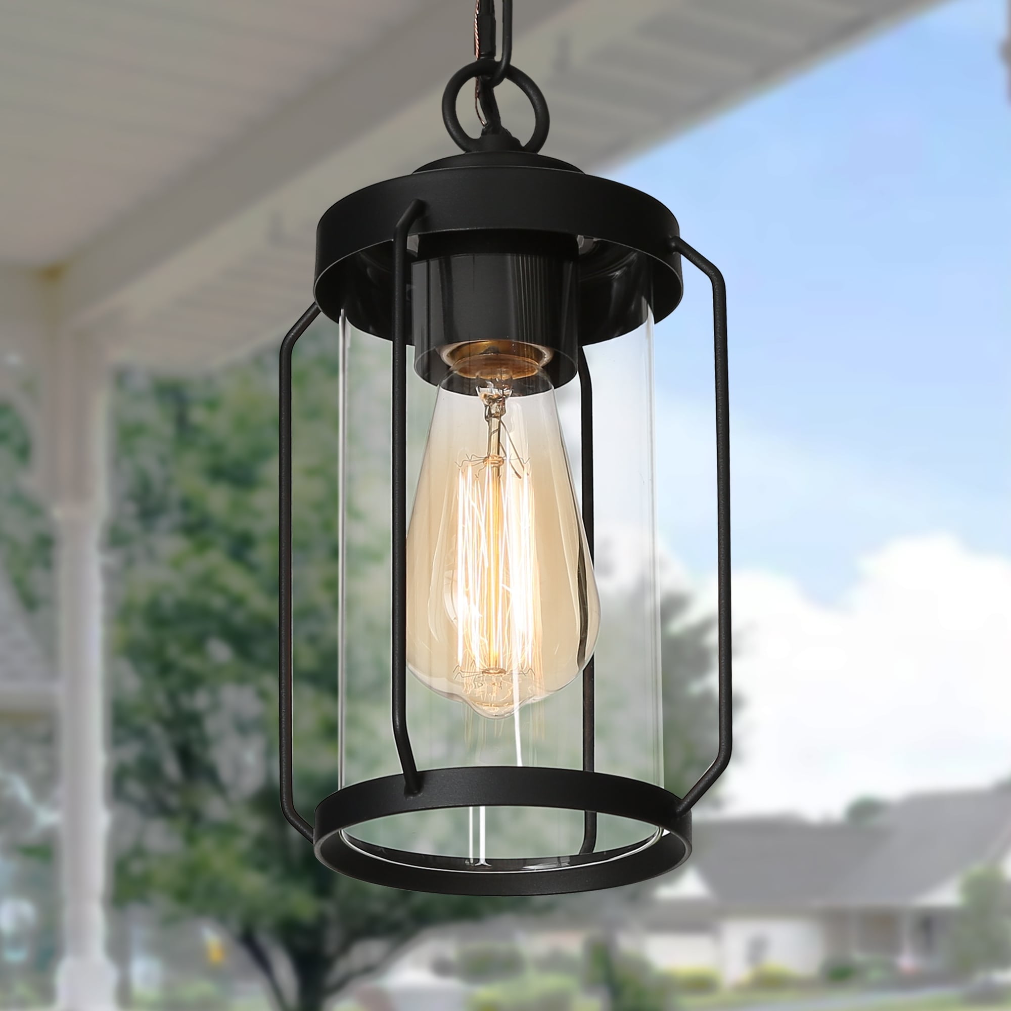 Black Iron and Glass Outdoor Hanging Lantern Pendant Light