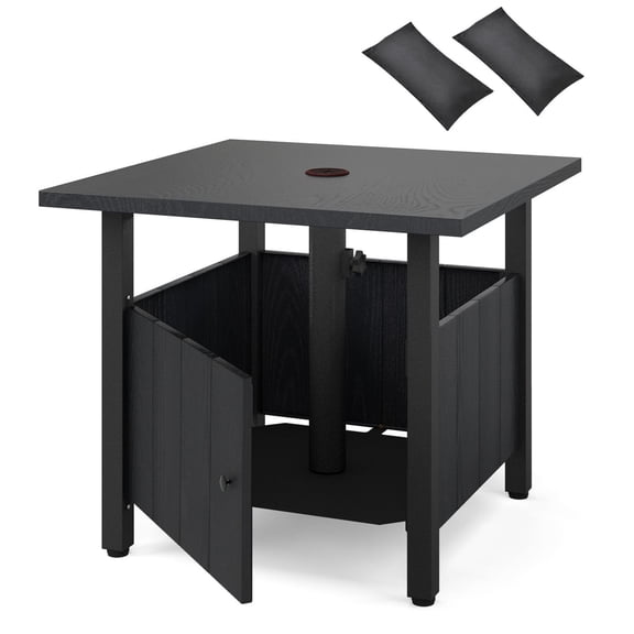 Black Outdoor Patio Side Table with Built-In 1.89" Umbrella Hole, Heavy-Duty Zinc-Iron Alloy Umbrella Stand Table with Storage Cabinet, 2 Sand Bags & Adjustable Foot Pads for Deck, Garden, Poolside &