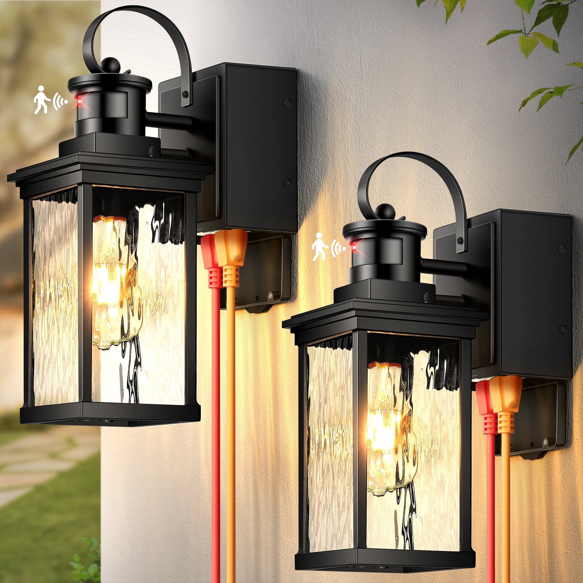 Black Outdoor Porch Light with GFCI Outlet, 2-Pack Modern Motion Sensor Exterior Garage Lighting Fixtures Wall Mount Lantern, Anti-Rust Waterproof Outdoor Sconce Lights for House, Coach, Patio