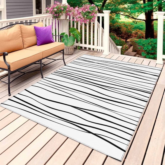 Black Outdoor Rug for Patio/Deck/Porch, Non-Slip Large Area Rug 5 x 7 Ft, Abstract Lines Gradient Minimalist Modern Texture Indoor Outdoor Rugs Washable Area Rugs, Camping Rug Carpet Runner