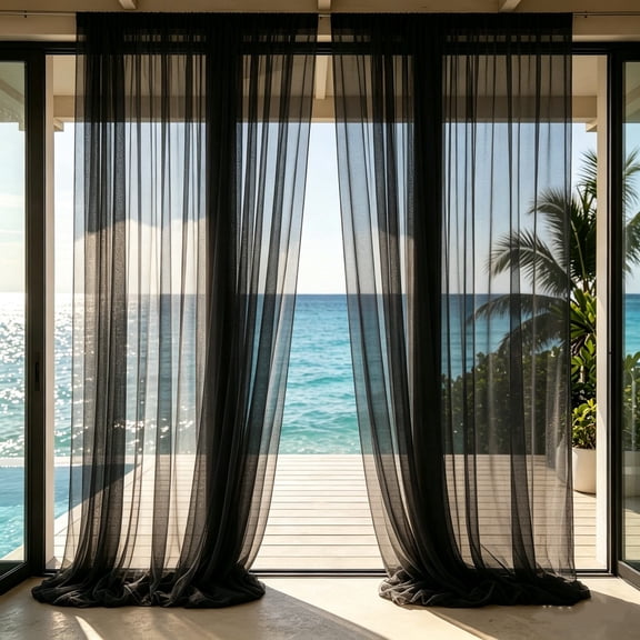 Black Outdoor Sheer Curtain Panel, 118x29.5 in Rod Pocket Mesh Screen Drape for Patio Gazebo Porch, Weather Resistant Bug Netting