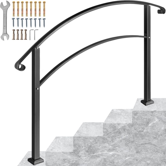 Black Outdoor Stair Handrail Fit 1 or 5 Steps, Adjustable Metal Safety Railing for Concrete or Wooden Steps, Front Porch Rail