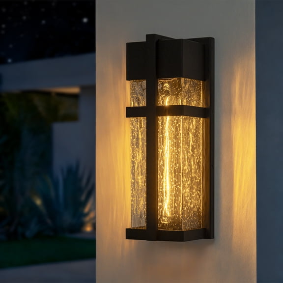 Black Outdoor Wall Sconce with Seeded Glass, E26 Socket