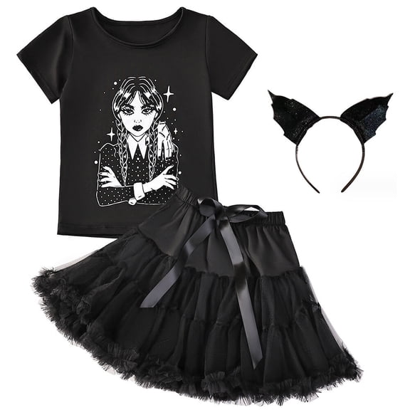 Black Outfit Set for Girls T-shirt Tutu Skirt Sets Birthday Costume, 3-9Y