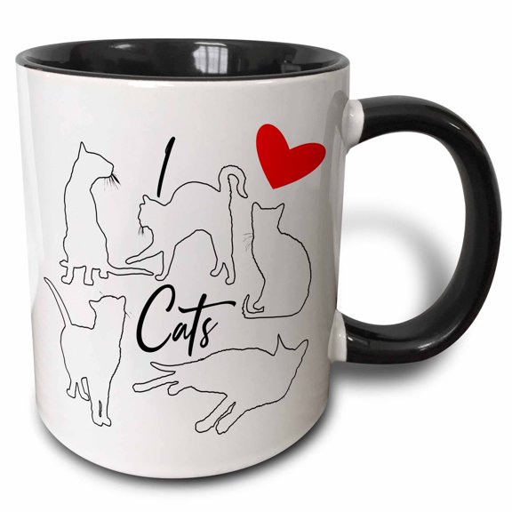 3drose, Black Outlined Cat Silhouettes on White. I Love Cats. Red Heart, 11oz Two-tone Black Mug