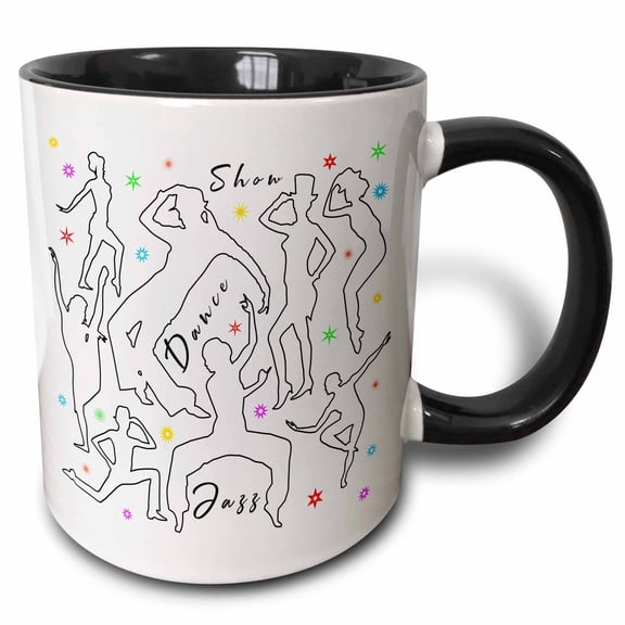 3drose, Black Outlined Dancer Silhouettes, Colorful Stars. Show, Dance, Jazz, 11oz Two-tone Black Mug