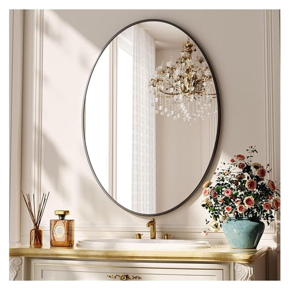 Black Oval Bathroom Mirror, 26 x 38 inch Modern Oval Wall Mounted Vanity Mirror with Tempered Glass Hanging Horizontally or Vertically, Black
