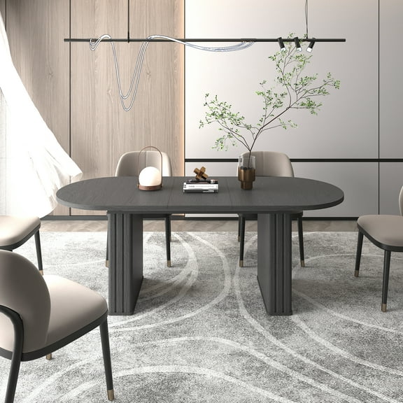 Black Oval Extendable Dining Table for 4-8 People with Wooden Strip Base