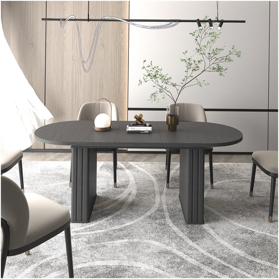Black Oval Extendable Dining Table with Wood Base, MDF Top for 4-8 Person Family Meals