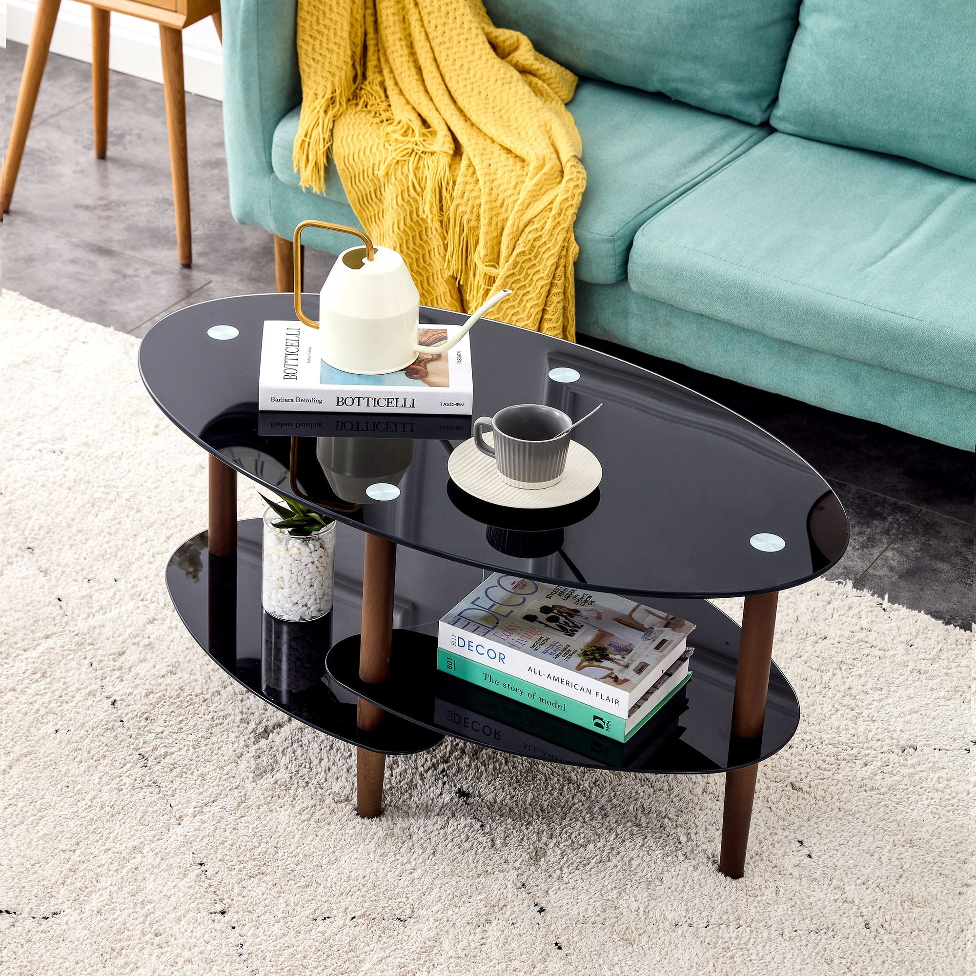 Black Oval Glass Coffee Table with Oak Wood Legs, 3-Layer Tempered ...