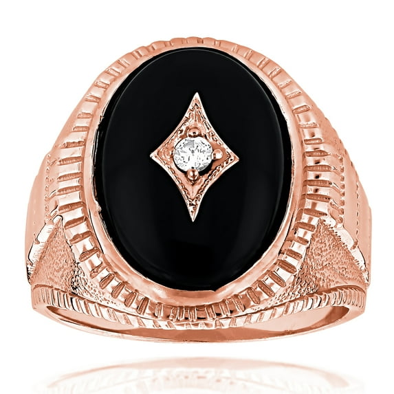 Black Oval Natural Onyx And Real 0.1 Ctw Diamond 14K Mens Ring For Him (Rose Gold Size 11)