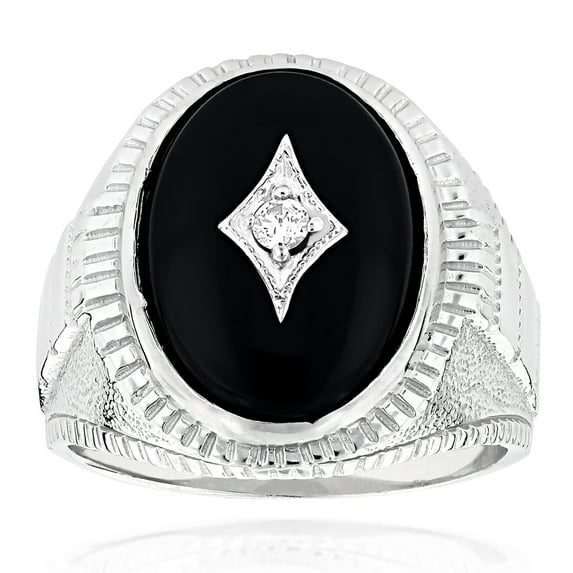 Black Oval Natural Onyx And Real 0.1 Ctw Diamond 14K Mens Ring For Him (White Gold Size 7)