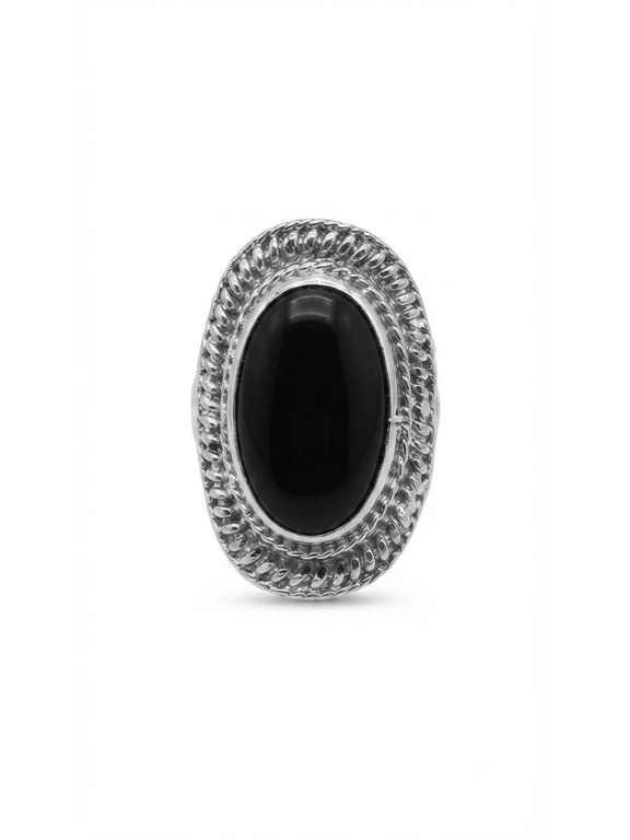 Black Oval Stone Brass Ring Unisex Silver Color Vintage Statement Ring