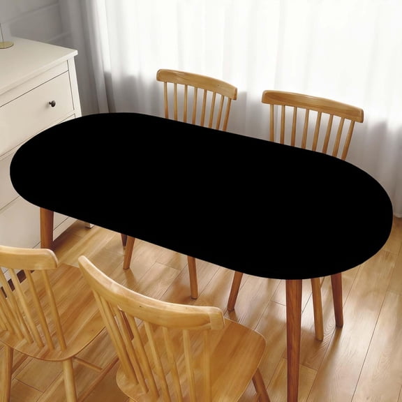 Black Oval Tablecloth Fitted Table Cloth with Elastic Edge Solid Color Table Cover Waterproof Polyester Tablecloths for Kitchen Dining Party Picnic, Fit for 48"x68" Oval Tables