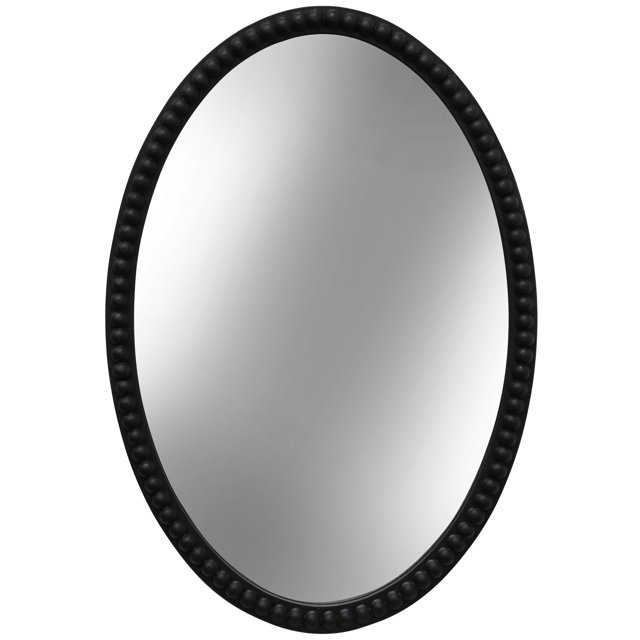 Black Oval Wood Frame Mirror with Beaded Trim