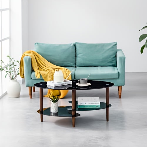 Black Oval glass coffee table, modern table in living room Oak wood leg tea table 3-layer tempered glass table