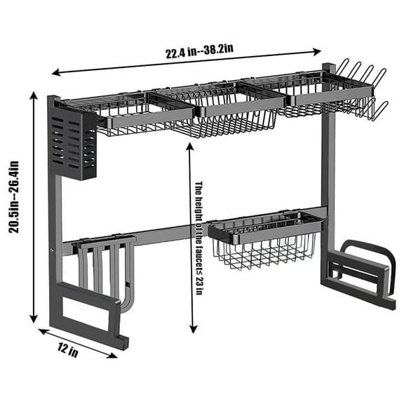 Black Over-Double-Sink Large Dish Rack with Cup Holder